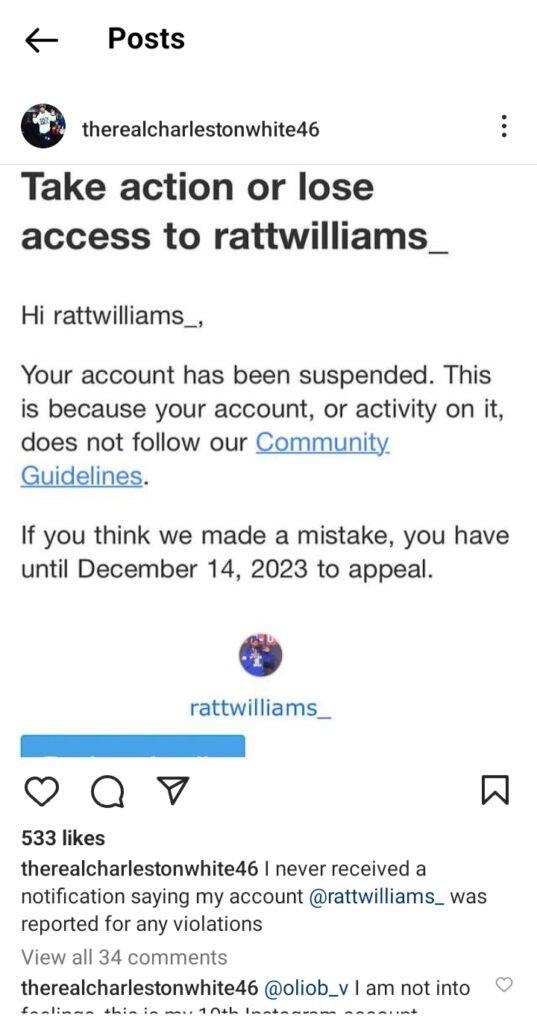 Charleston White Instagram Account Suspended